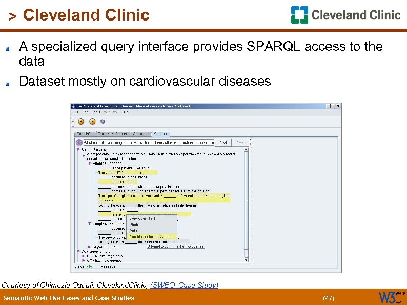(47) > Cleveland Clinic A specialized query interface provides SPARQL access to the data