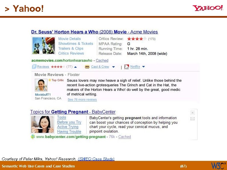 (87) > Yahoo! Courtesy of Peter Mika, Yahoo! Research, (SWEO Case Study) Semantic Web