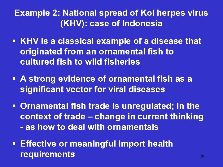 Example 2: National spread of Koi herpes virus (KHV): case of Indonesia § KHV