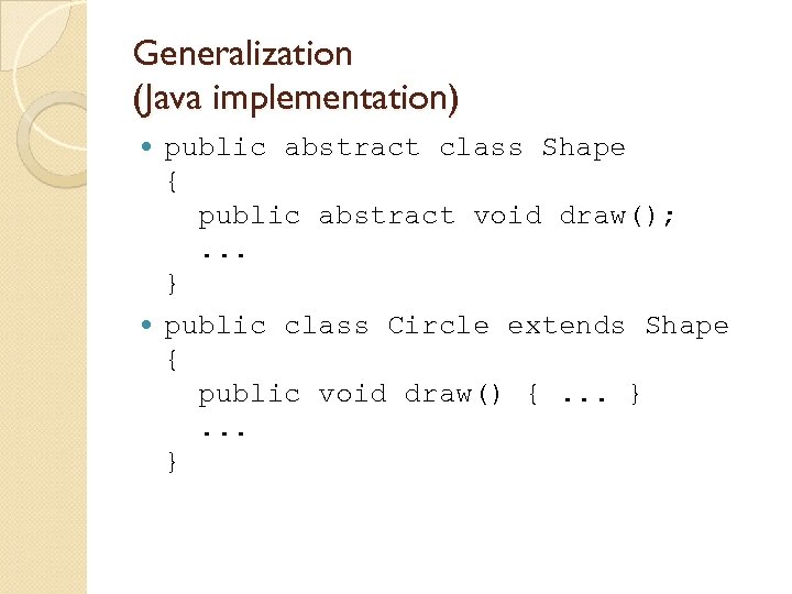 Generalization (Java implementation) public abstract class Shape { public abstract void draw(); . .