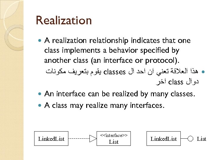 Realization A realization relationship indicates that one class implements a behavior specified by another