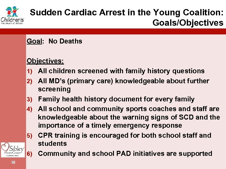Sudden Cardiac Arrest in the Young Coalition: Goals/Objectives Goal: No Deaths Objectives: 1) All
