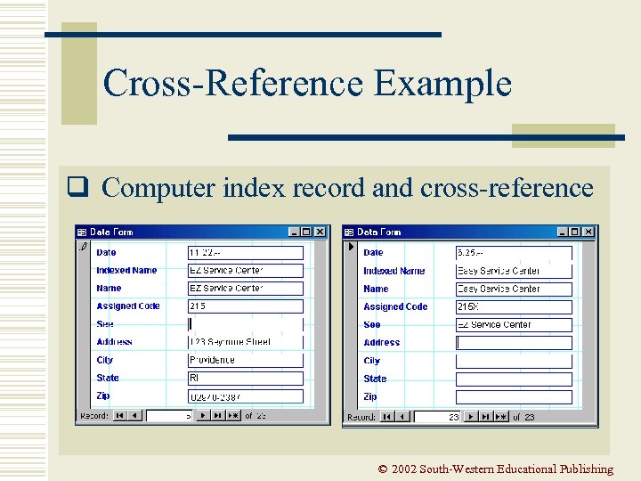 Cross-Reference Example q Computer index record and cross-reference © 2002 South-Western Educational Publishing 