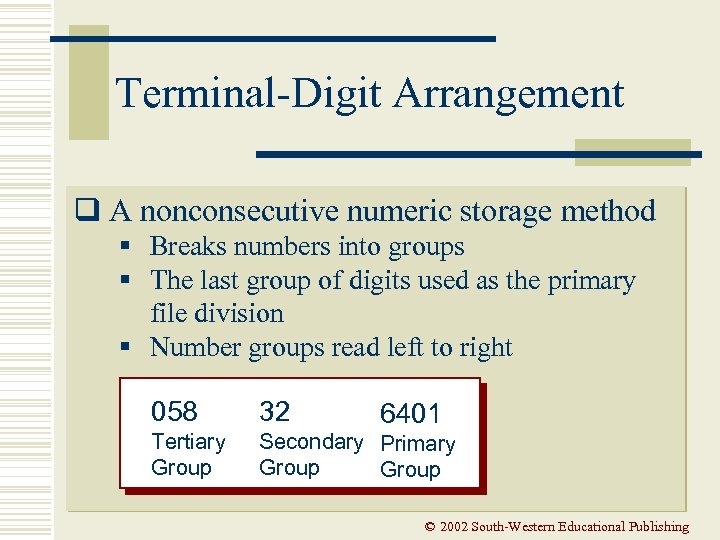 Terminal-Digit Arrangement q A nonconsecutive numeric storage method § Breaks numbers into groups §