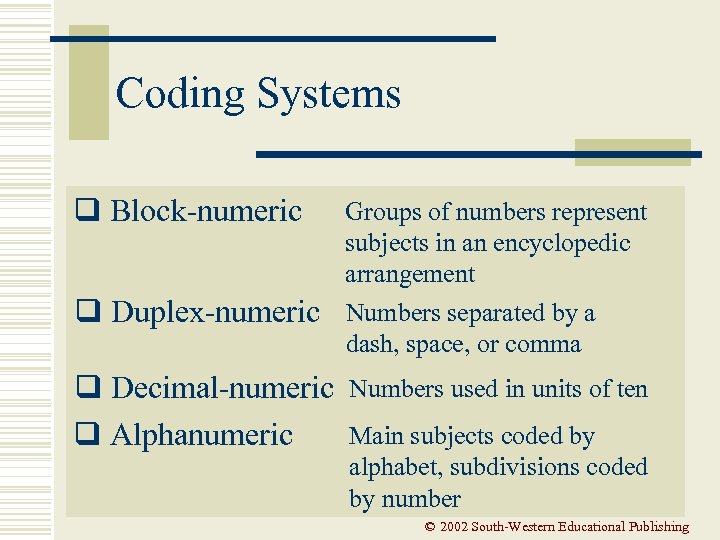 Coding Systems q Block-numeric q Duplex-numeric q Decimal-numeric q Alphanumeric Groups of numbers represent