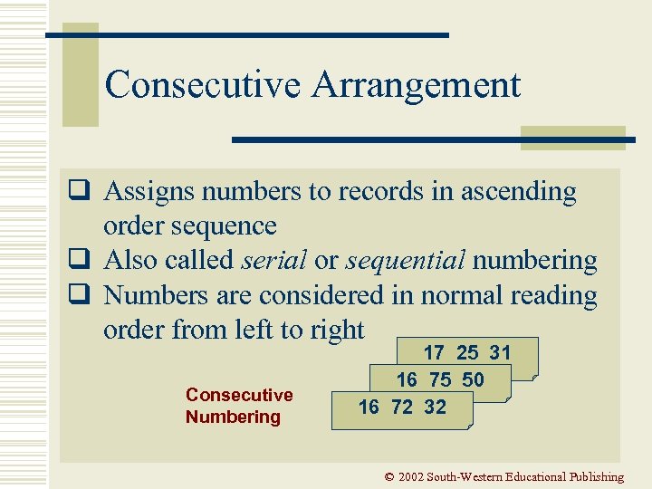 Consecutive Arrangement q Assigns numbers to records in ascending order sequence q Also called