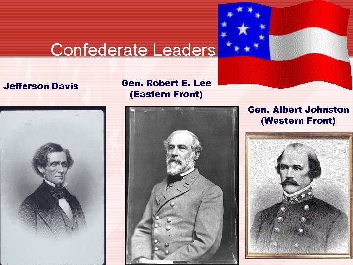 Confederate Leaders Jefferson Davis Gen. Robert E. Lee (Eastern Front) Gen. Albert Johnston (Western