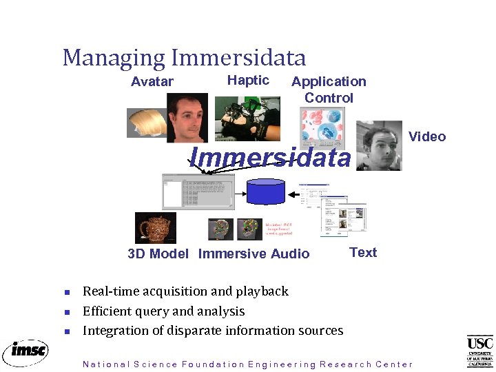 Managing Immersidata Avatar Haptic Application Control Immersidata 3 D Model Immersive Audio Video Text