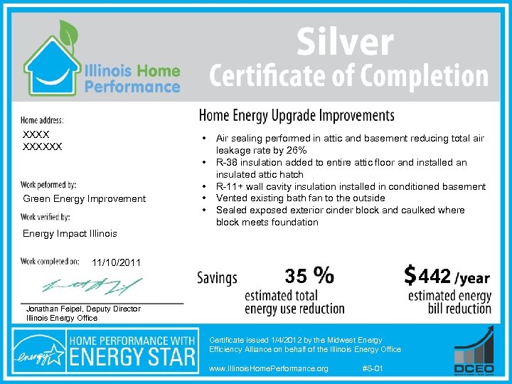 XXXXXX • • Green Energy Improvement • • • Air sealing performed in attic