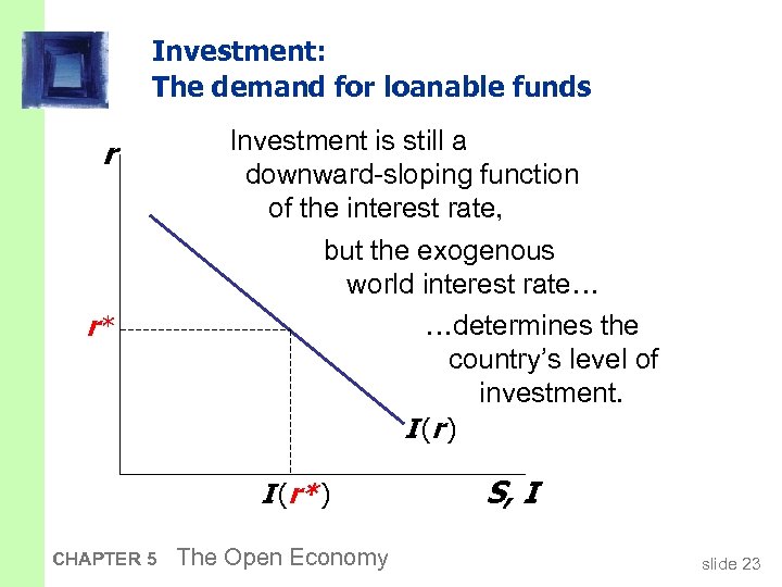 Investment: The demand for loanable funds r r* Investment is still a downward-sloping function