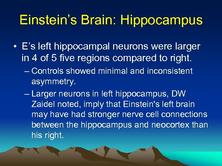 Einstein’s Brain: Hippocampus • E’s left hippocampal neurons were larger in 4 of 5