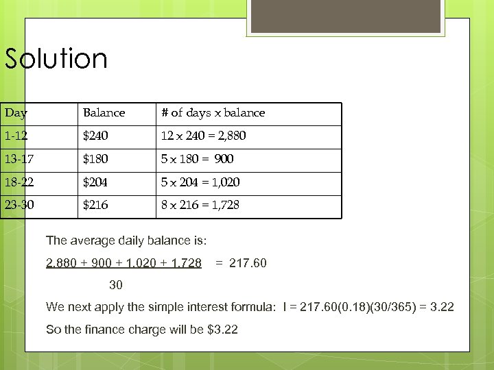Solution Day Balance # of days x balance 1 -12 $240 12 x 240