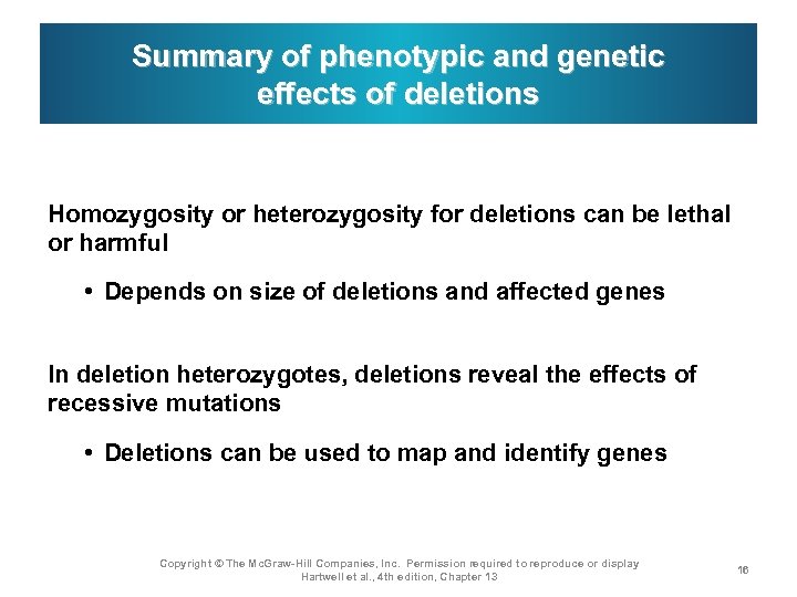 Summary of phenotypic and genetic effects of deletions Homozygosity or heterozygosity for deletions can