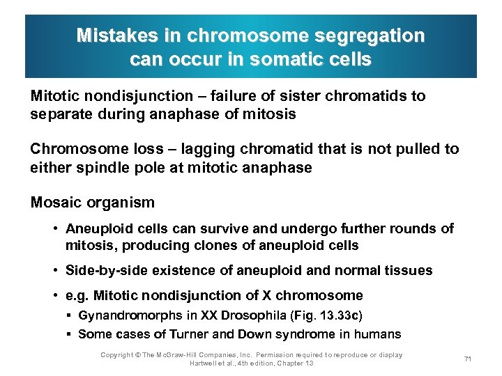 Mistakes in chromosome segregation can occur in somatic cells Mitotic nondisjunction – failure of