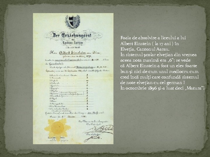 Foaia de absolvire a liceului a lui Albert Einstein ( la 17 ani )