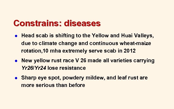 Constrains: diseases l Head scab is shifting to the Yellow and Huai Valleys, due