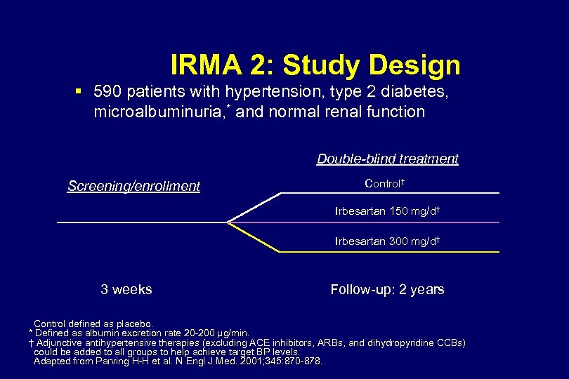IRMA 2: Study Design § 590 patients with hypertension, type 2 diabetes, microalbuminuria, *