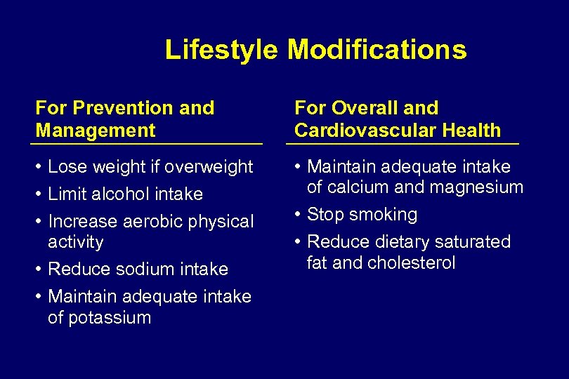 Lifestyle Modifications For Prevention and Management For Overall and Cardiovascular Health • Lose weight