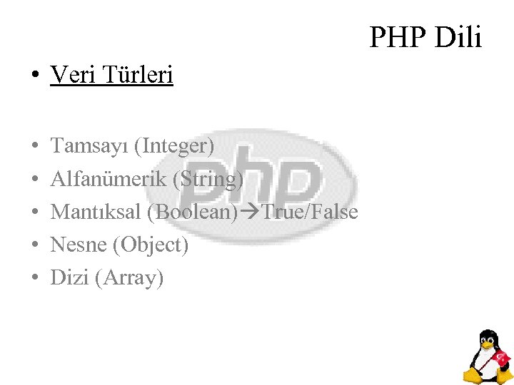 PHP Dili • Veri Türleri • • • Tamsayı (Integer) Alfanümerik (String) Mantıksal (Boolean)