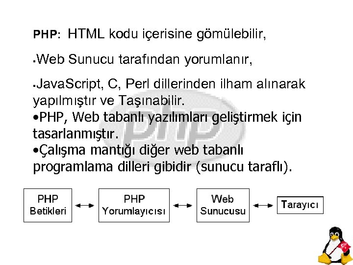 PHP: HTML kodu içerisine gömülebilir, § Web Sunucu tarafından yorumlanır, Java. Script, C, Perl