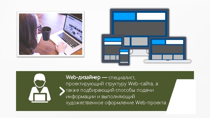 Web-дизайнер — специалист, проектирующий структуру Web-сайта, а также подбирающий способы подачи информации и выполняющий