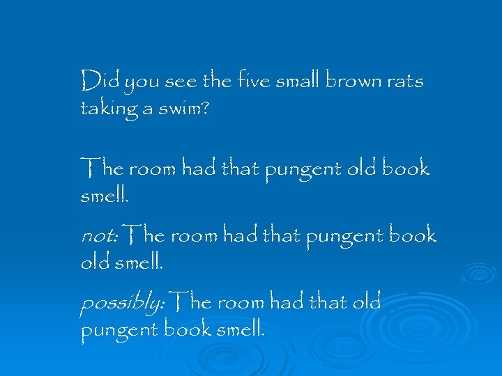 Did you see the five small brown rats taking a swim? The room had