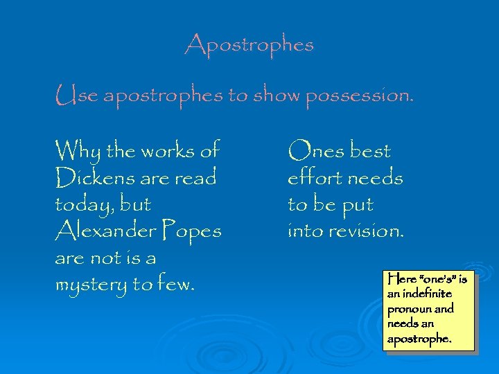 Apostrophes Use apostrophes to show possession. Why the works of Dickens are read today,