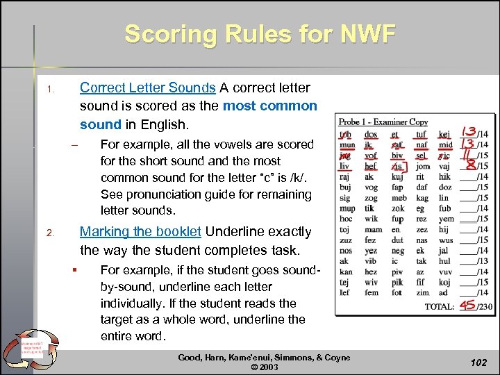 Scoring Rules for NWF Correct Letter Sounds A correct letter sound is scored as