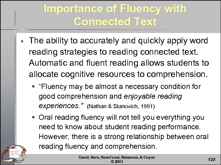 Importance of Fluency with Connected Text § The ability to accurately and quickly apply