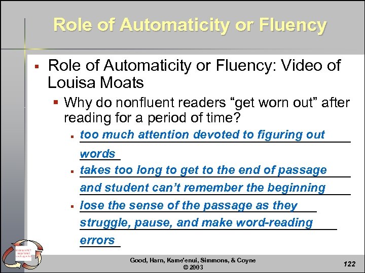 Role of Automaticity or Fluency § Role of Automaticity or Fluency: Video of Louisa