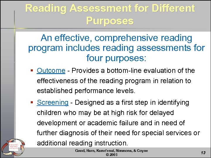 Reading Assessment for Different Purposes An effective, comprehensive reading program includes reading assessments for