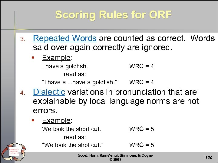 Scoring Rules for ORF 3. Repeated Words are counted as correct. Words said over