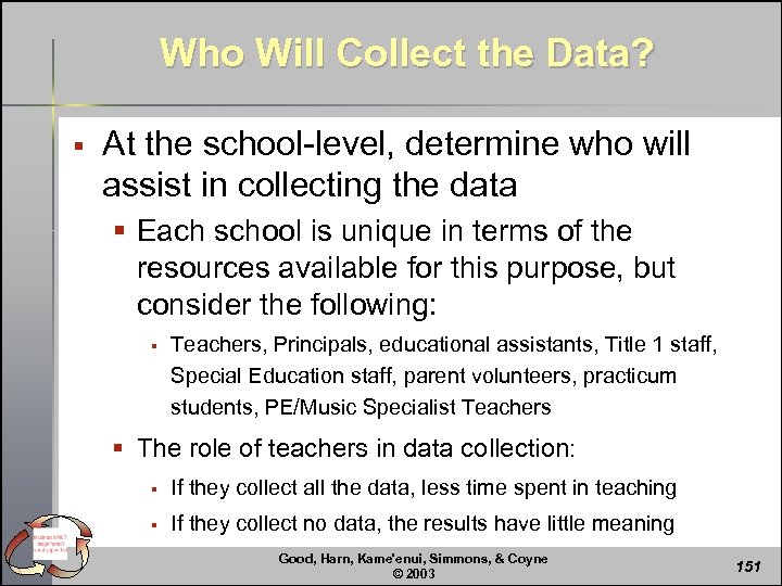 Who Will Collect the Data? § At the school-level, determine who will assist in