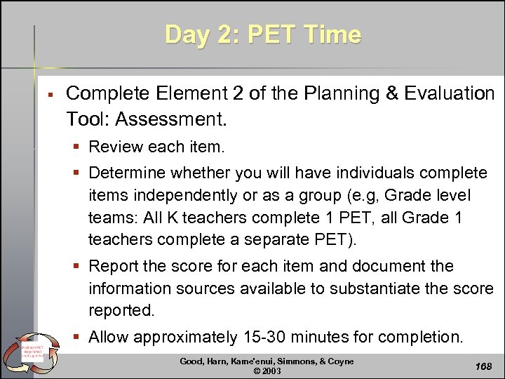 Day 2: PET Time § Complete Element 2 of the Planning & Evaluation Tool: