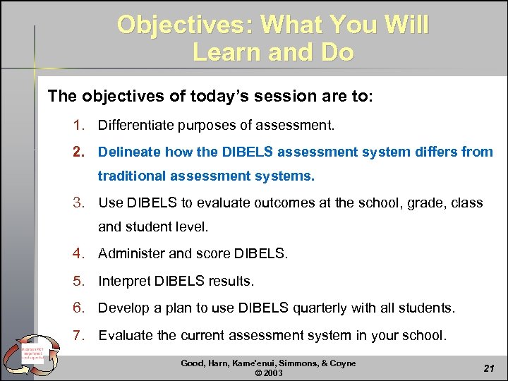 Objectives: What You Will Learn and Do The objectives of today’s session are to: