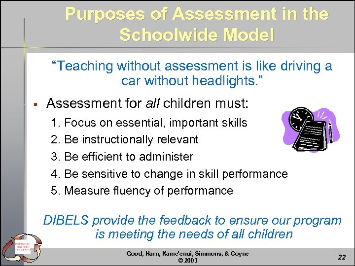 Purposes of Assessment in the Schoolwide Model “Teaching without assessment is like driving a