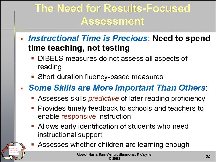 The Need for Results-Focused Assessment § Instructional Time is Precious: Need to spend time