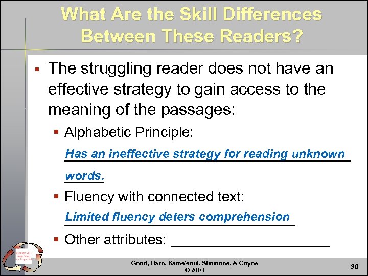 What Are the Skill Differences Between These Readers? § The struggling reader does not