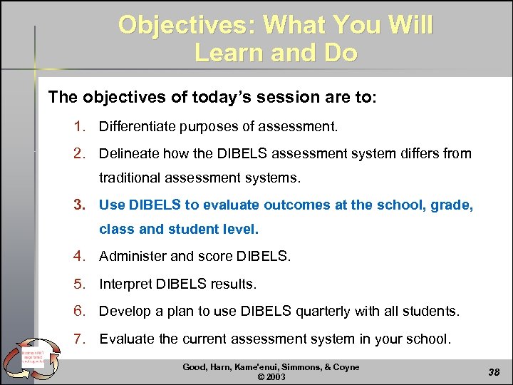 Objectives: What You Will Learn and Do The objectives of today’s session are to: