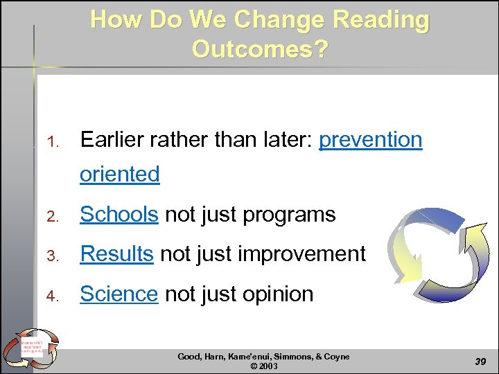 How Do We Change Reading Outcomes? 1. Earlier rather than later: prevention oriented 2.