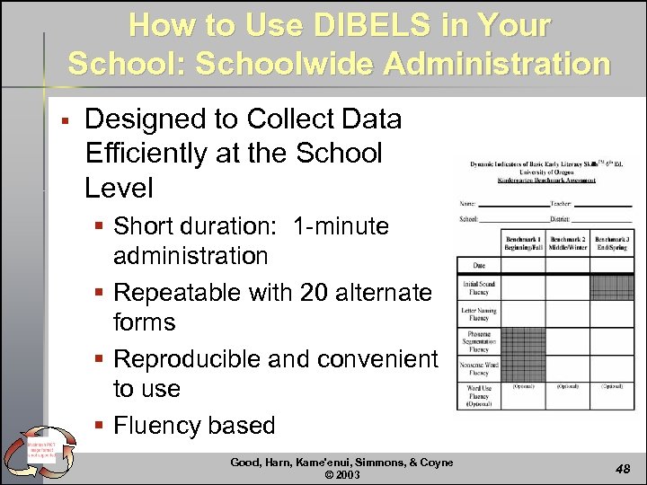 How to Use DIBELS in Your School: Schoolwide Administration § Designed to Collect Data