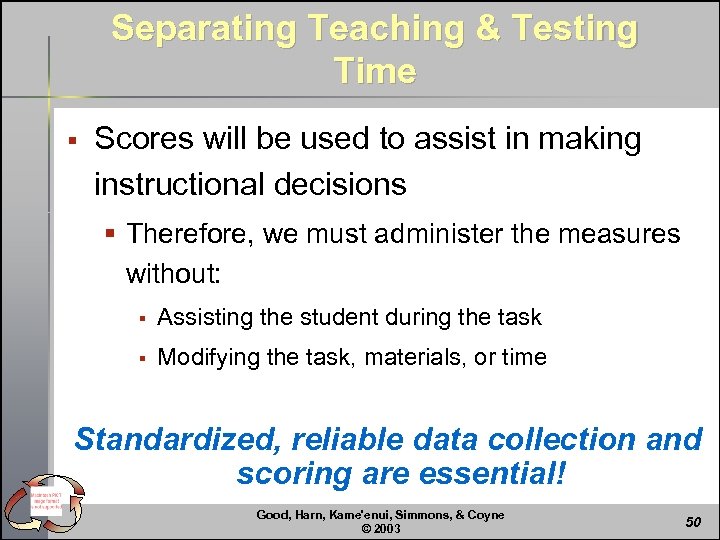 Separating Teaching & Testing Time § Scores will be used to assist in making