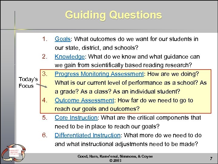 Guiding Questions 1. 2. Today’s Focus 3. 4. 5. 6. Goals: What outcomes do