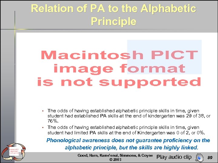 Relation of PA to the Alphabetic Principle § § The odds of having established