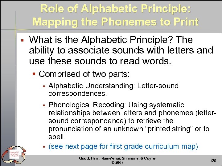 Role of Alphabetic Principle: Mapping the Phonemes to Print § What is the Alphabetic