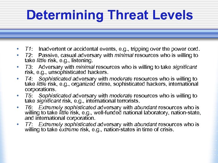 Determining Threat Levels • • T 1: Inadvertent or accidental events, e. g. ,