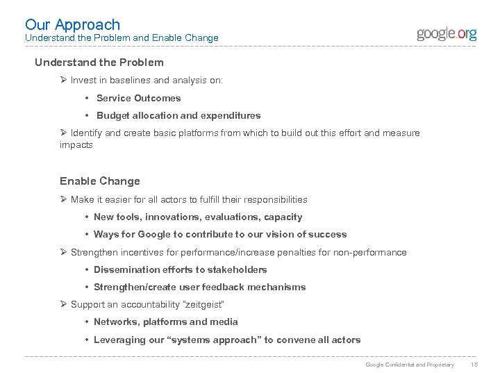 Our Approach Understand the Problem and Enable Change Understand the Problem Ø Invest in