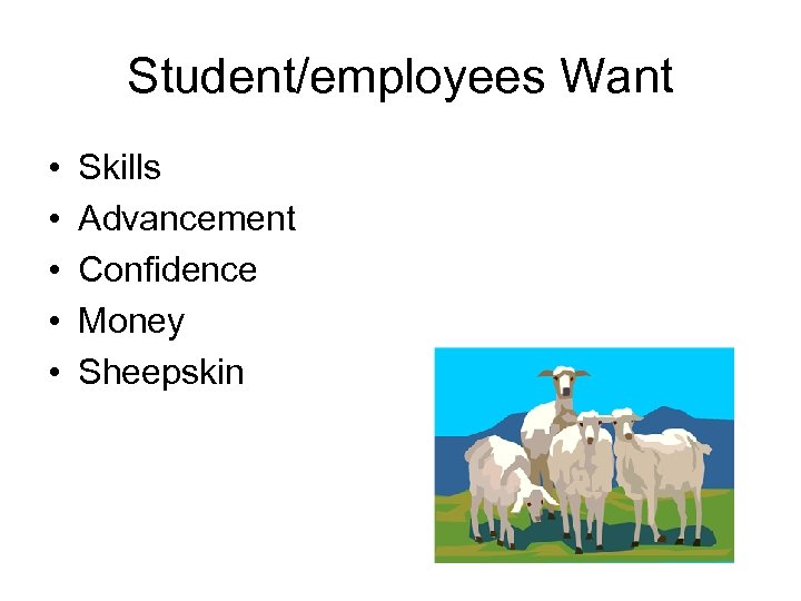 Student/employees Want • • • Skills Advancement Confidence Money Sheepskin 