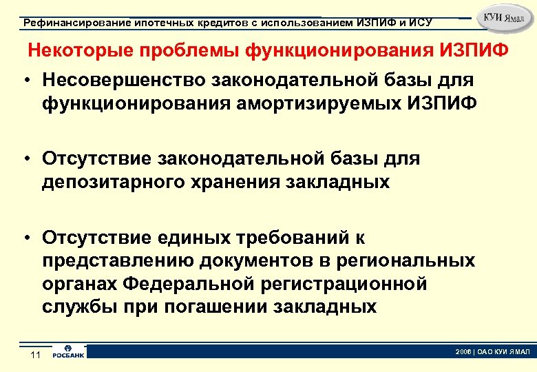 Рефинансирование ипотечных кредитов с использованием ИЗПИФ и ИСУ Некоторые проблемы функционирования ИЗПИФ • Несовершенство