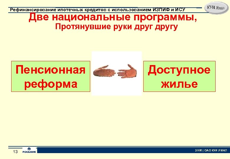 Рефинансирование ипотечных кредитов с использованием ИЗПИФ и ИСУ Две национальные программы, Протянувшие руки другу